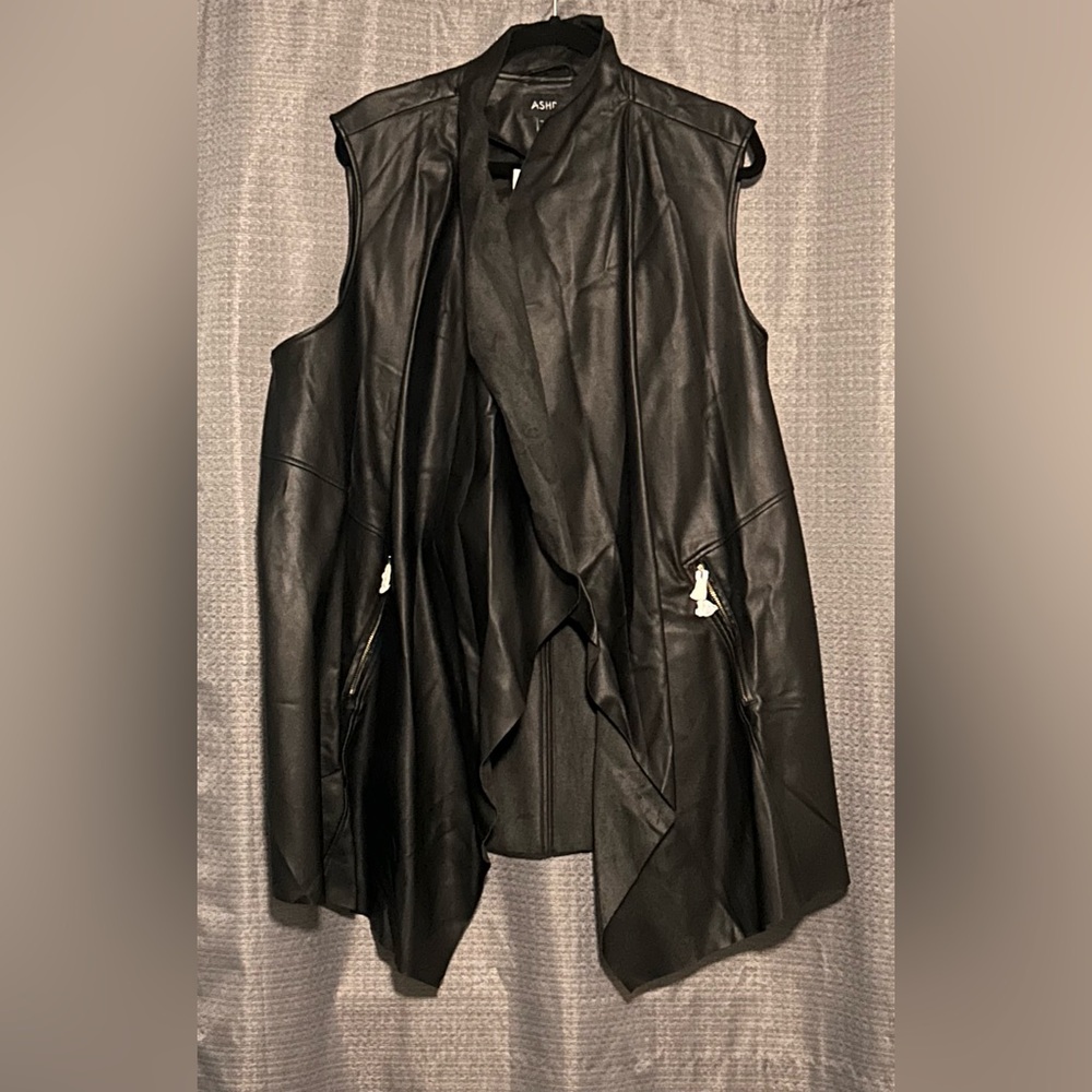 Black Asymmetrical Leather Vest with Waterfall Design